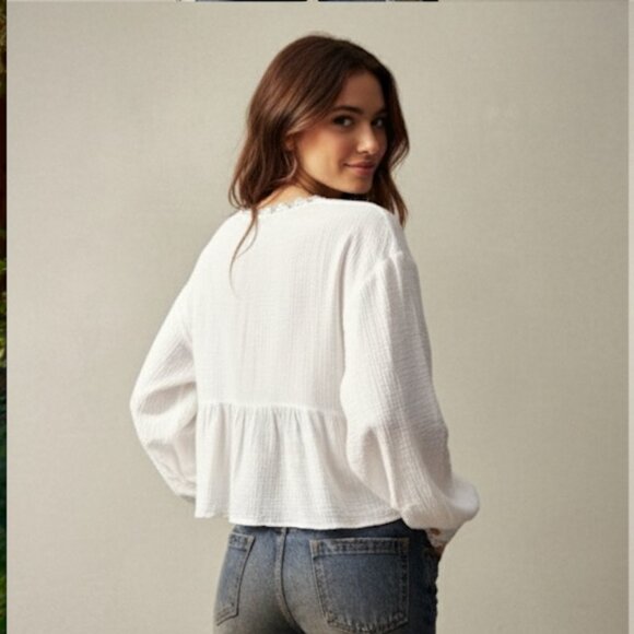 Boho V Neck Lace Blouse White - Picture 5 of 10